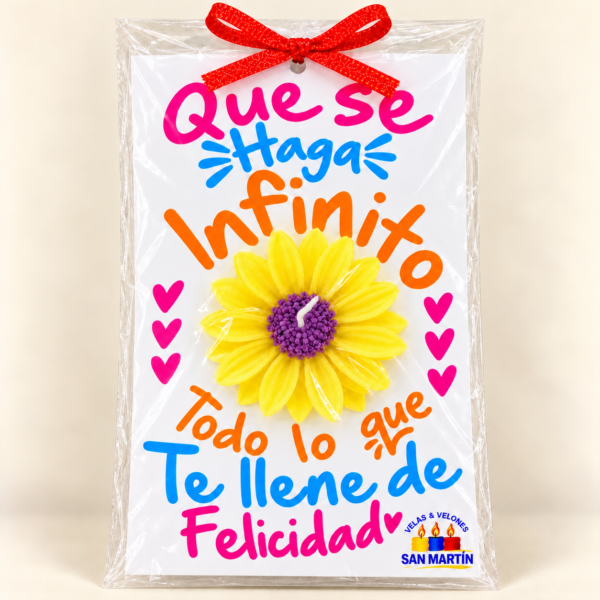 Tarjeta con vela girasol y mensaje de felicidad (1) tarjeta de flor amarilla para ocasiones Momentos Velas y velones San Martín